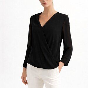 Naked Zebra Black Chiffon Surplice Long Sleeve Blouse, Size S